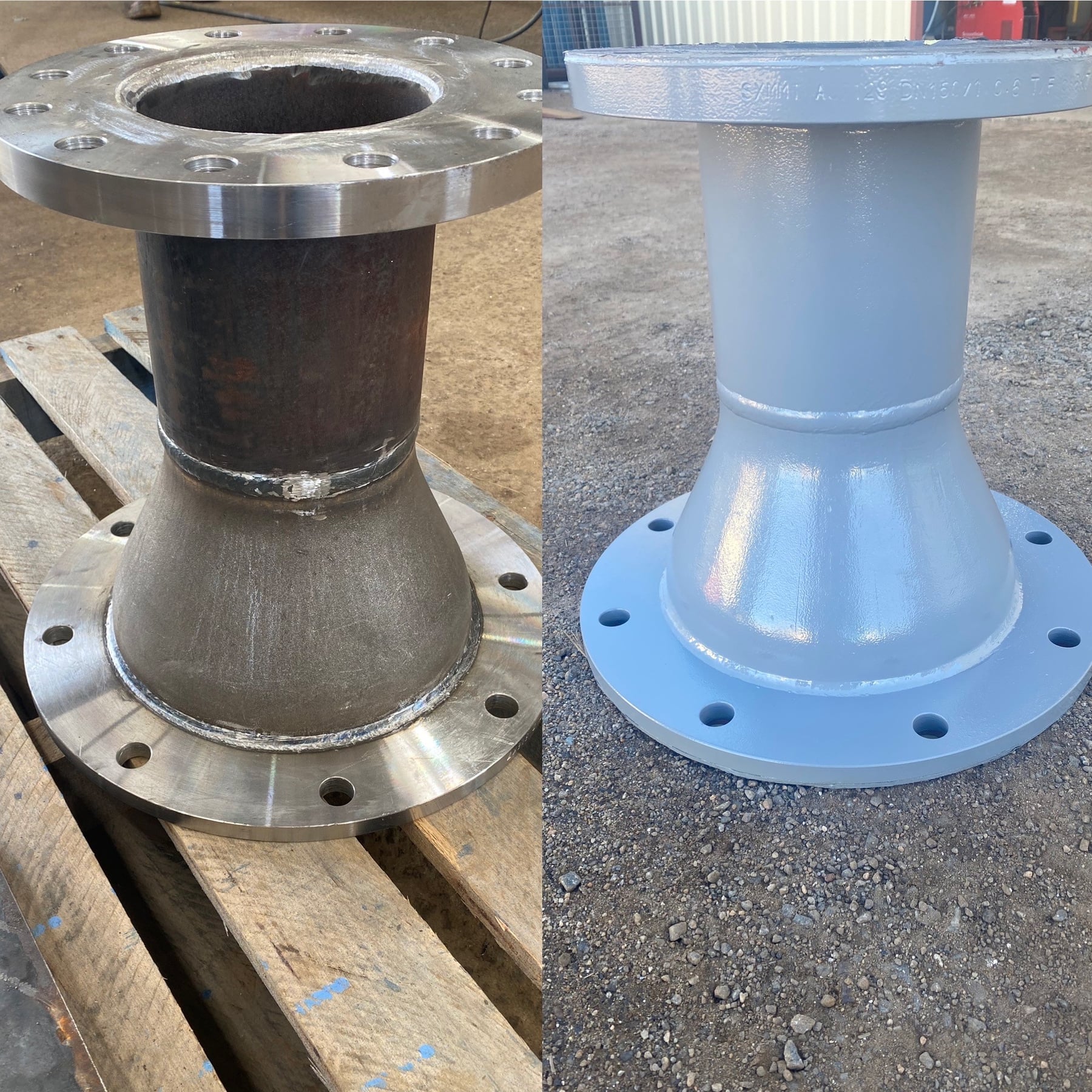Fabricated flanged pipe reducer shown twice, bare steel after welding and again after priming and painting