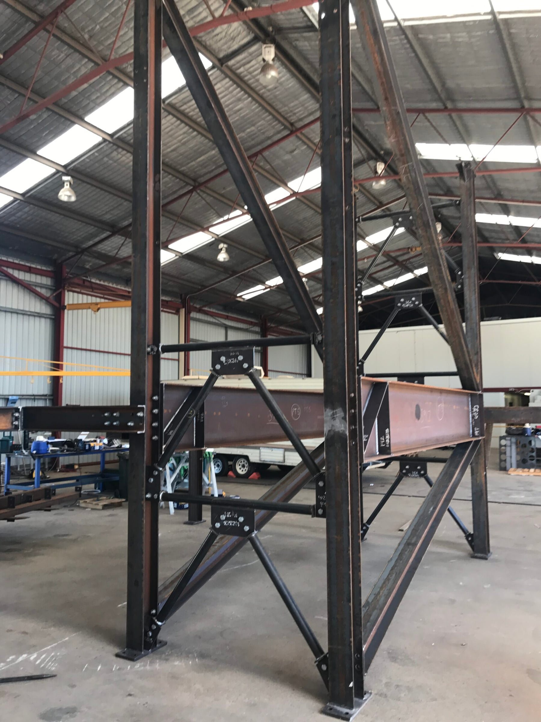 Bolted structural steel frame trial assembled on the Twomeys workshop floor