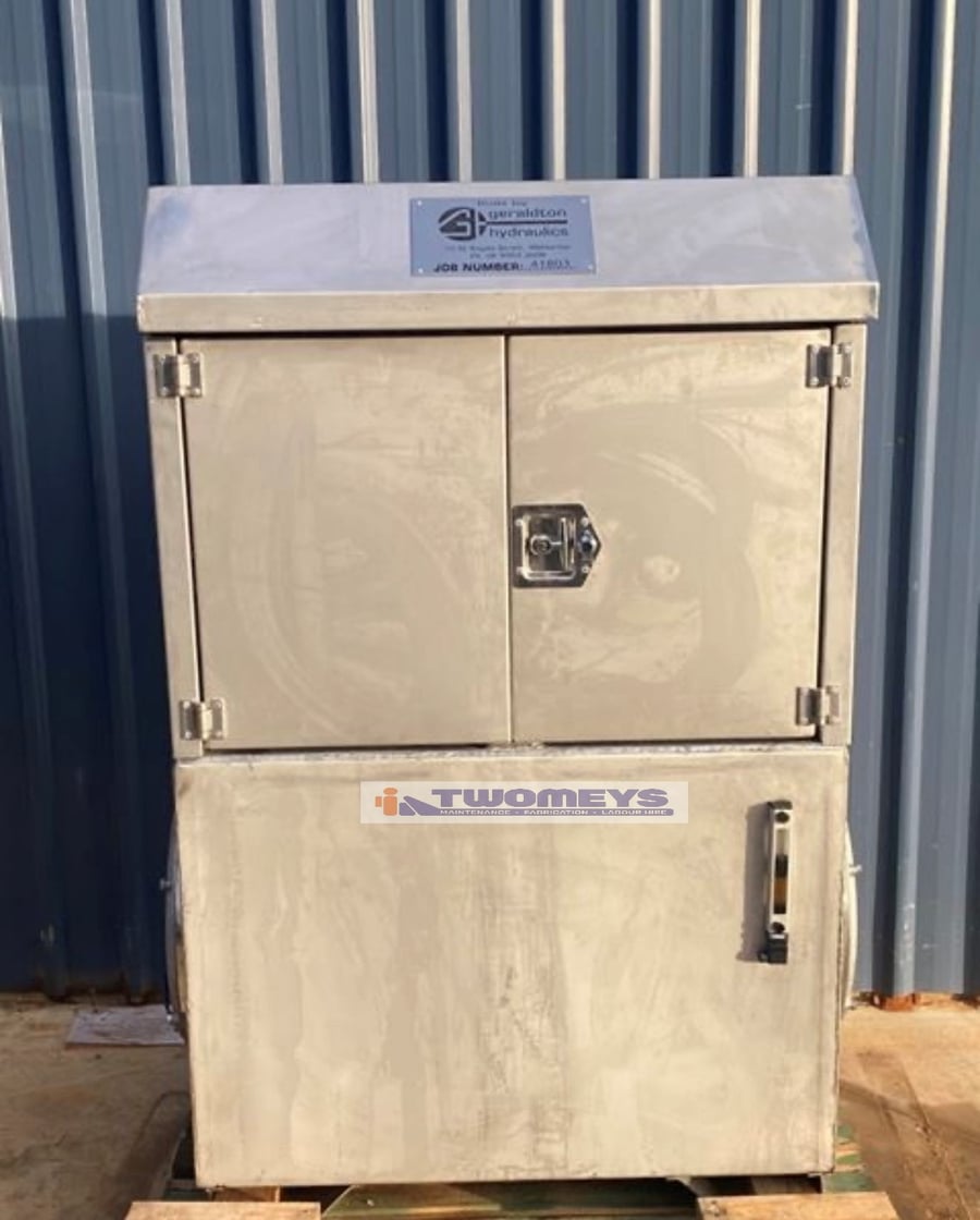 Stainless steel hydraulic power unit enclosure with twin doors and a level sight glass